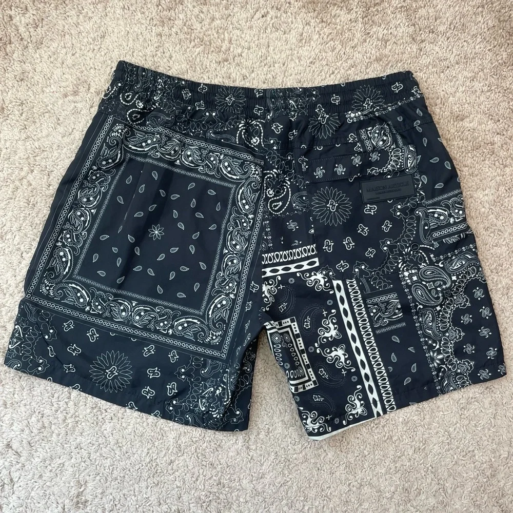 Maison Article Men's Black White Paisley Printed Swim Trunks Shorts Size XL